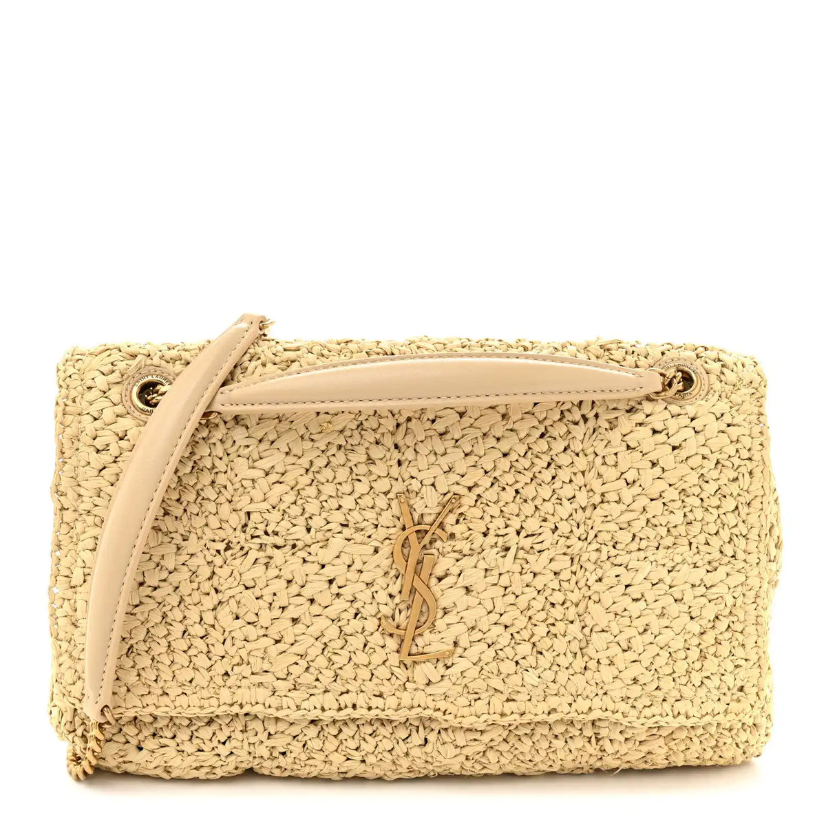 Natural raffia shoulder bag with Saint Laurent monogram and leather trim, gold chain strap
