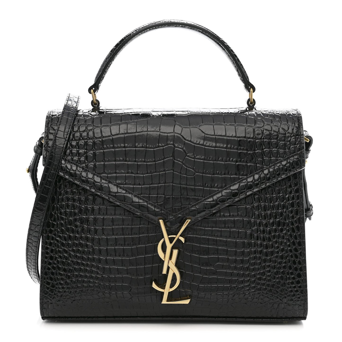 Black crocodile-embossed medium top handle bag with gold YSL clasp and strap