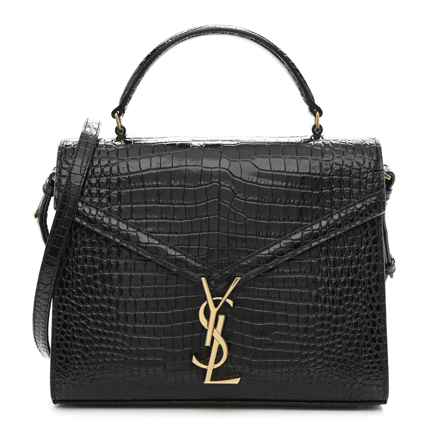 Black crocodile-embossed medium top handle bag with gold YSL clasp and strap