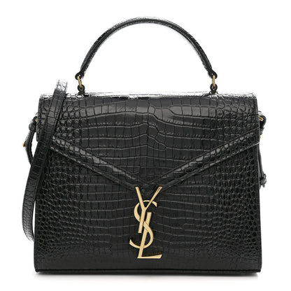 Black crocodile-embossed medium top handle bag with gold YSL clasp and strap
