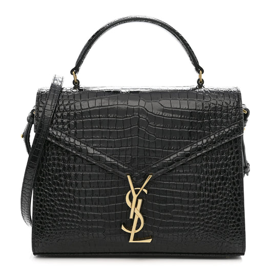 Black crocodile-embossed medium top handle bag with gold YSL clasp and strap