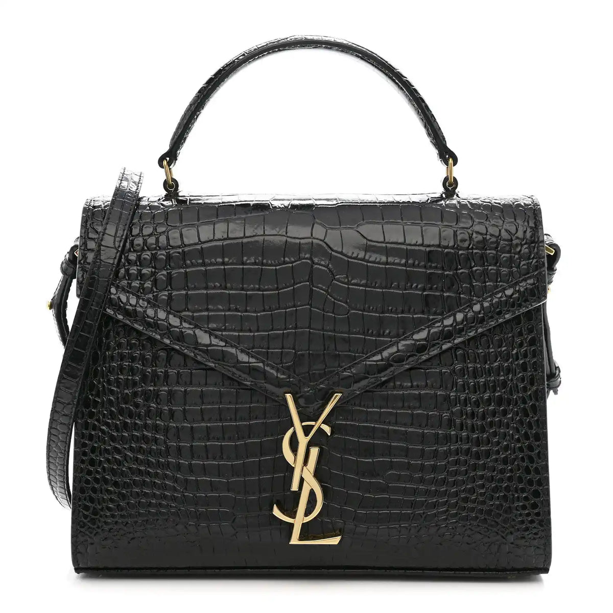 Black crocodile-embossed medium top handle bag with gold YSL clasp and strap