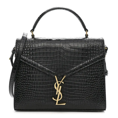 Black crocodile-embossed medium top handle bag with gold YSL clasp and strap