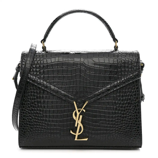Black crocodile-embossed medium top handle bag with gold YSL clasp and strap