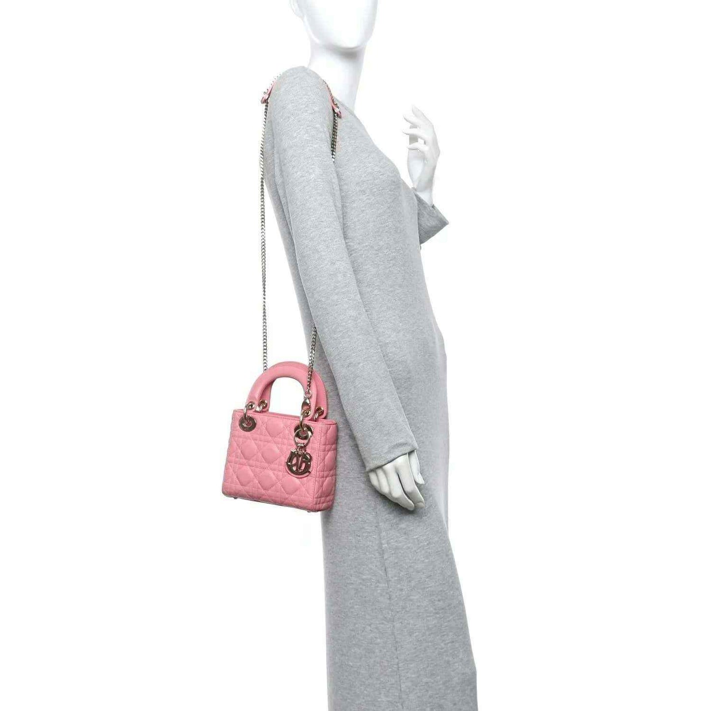 Mini Lady Dior handbag in light pink lambskin with chain strap