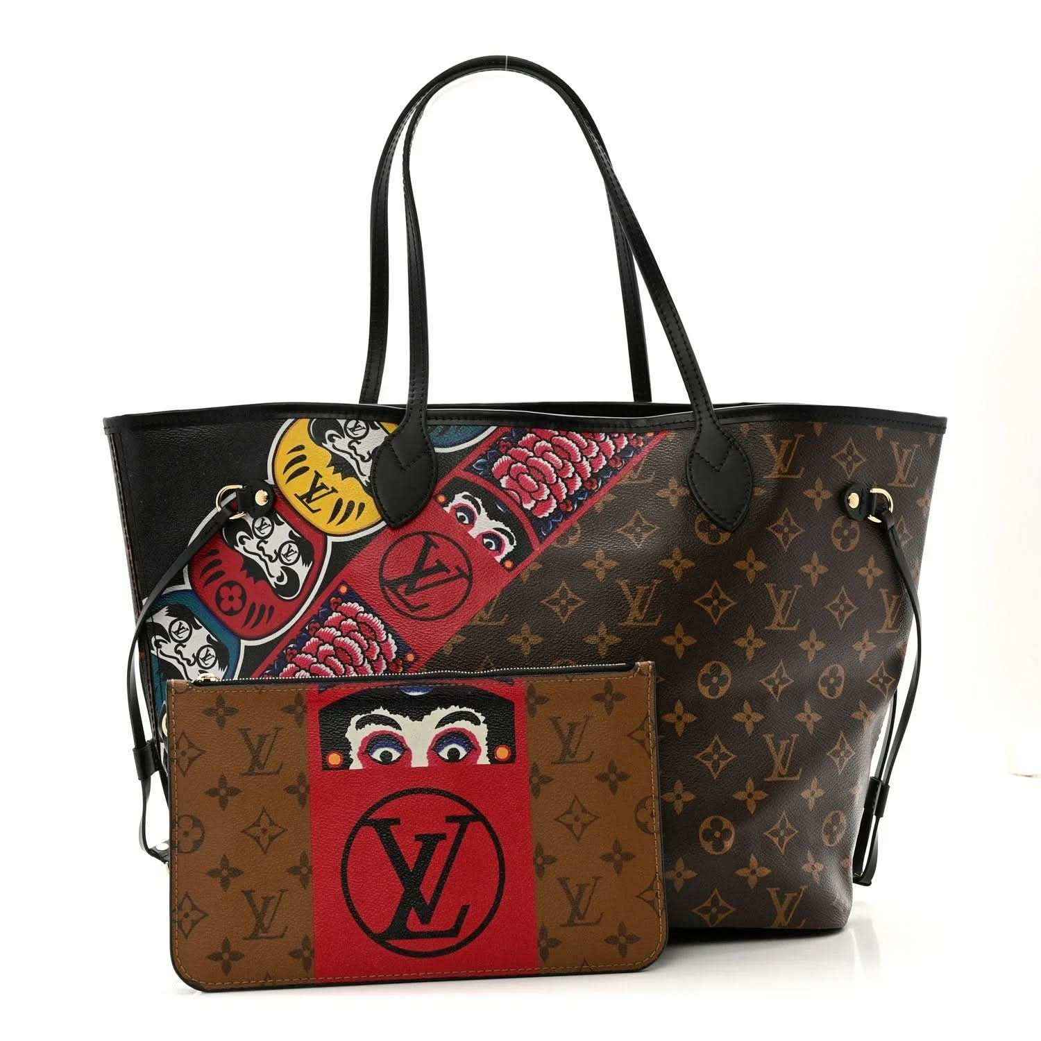 Monogram tote with black handles, front pouch graphic and red/blue accent print