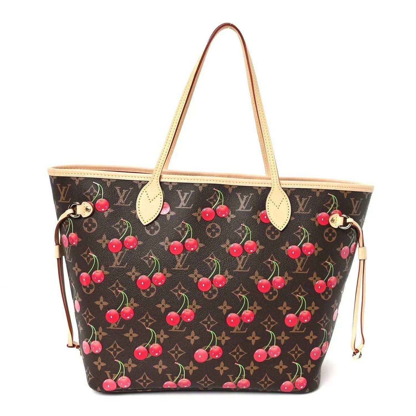 Monogram canvas tote bag with cherry print, tan leather handles and trim.