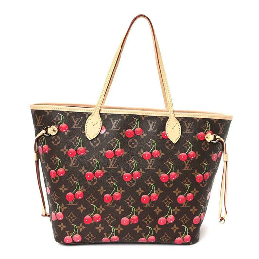 Monogram canvas tote bag with cherry print, tan leather handles and trim.