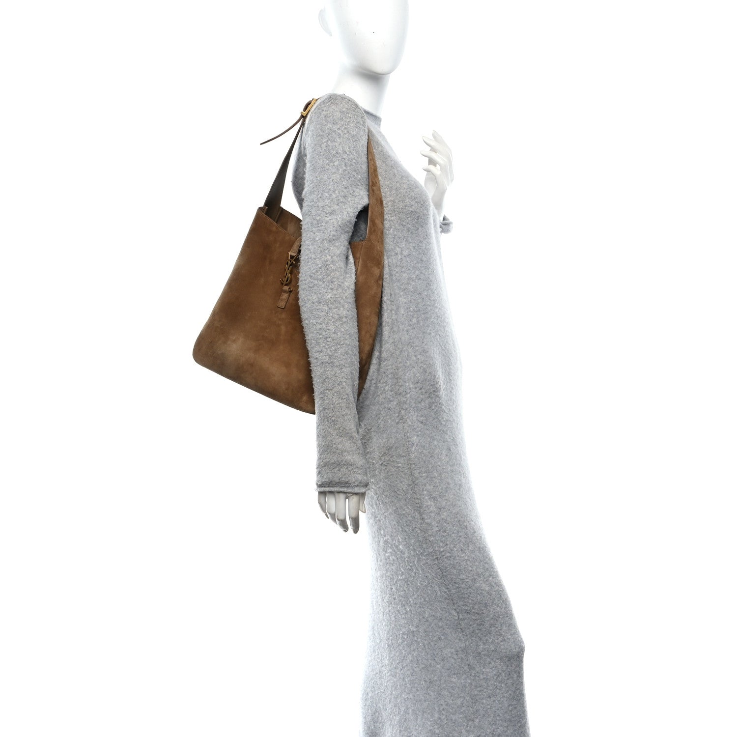 Suede hobo bag on mannequin arm, barley tan; side profile and strap