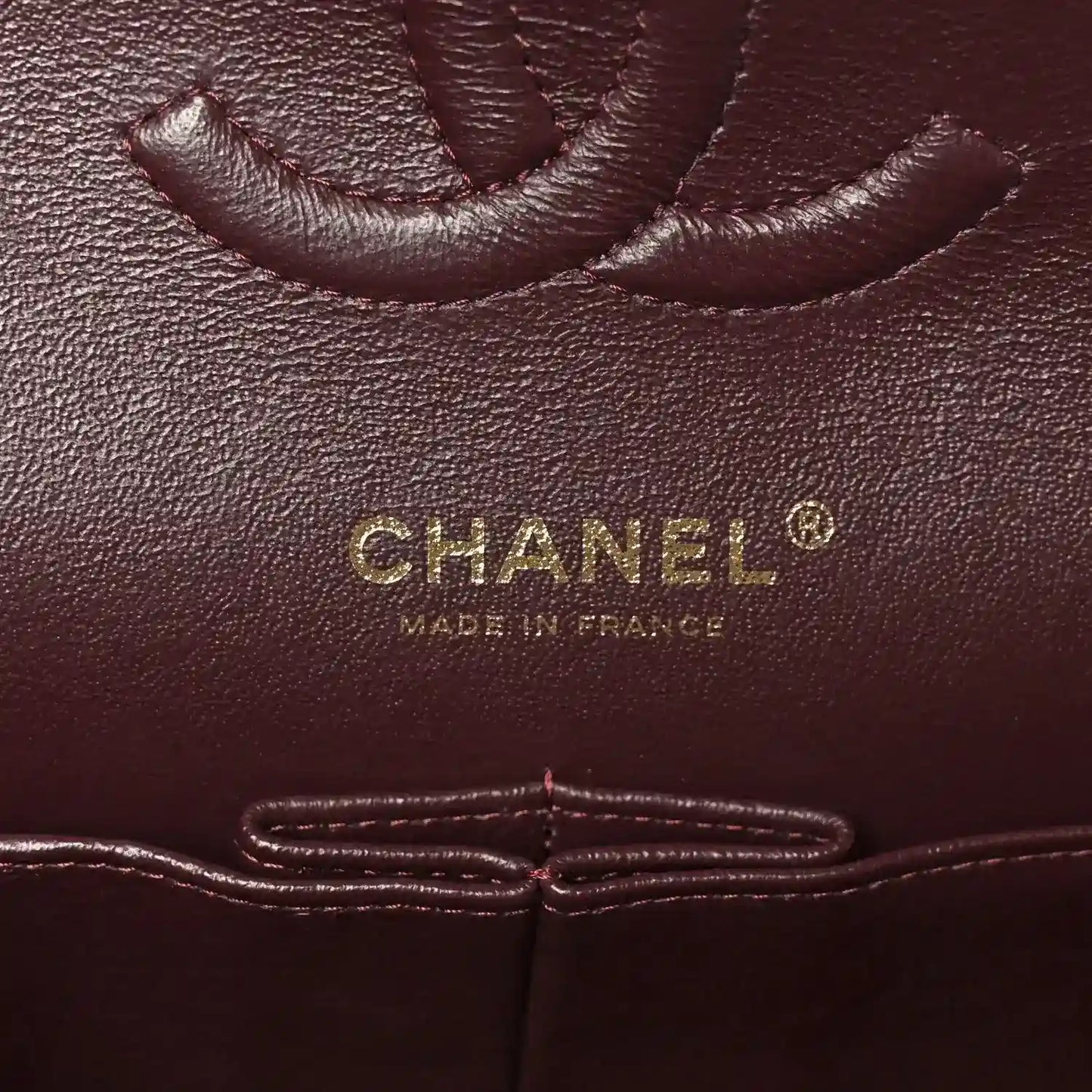 Chanel interior leather stamp reading “CHANEL” and “MADE IN FRANCE”