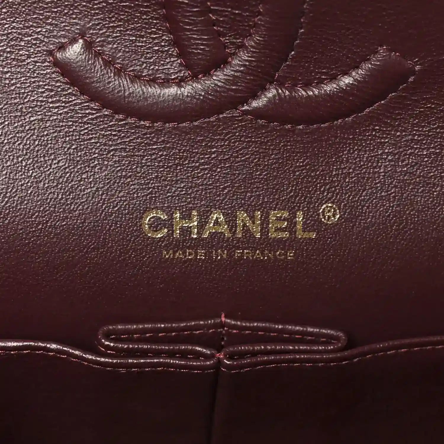 Chanel interior leather stamp reading “CHANEL” and “MADE IN FRANCE”