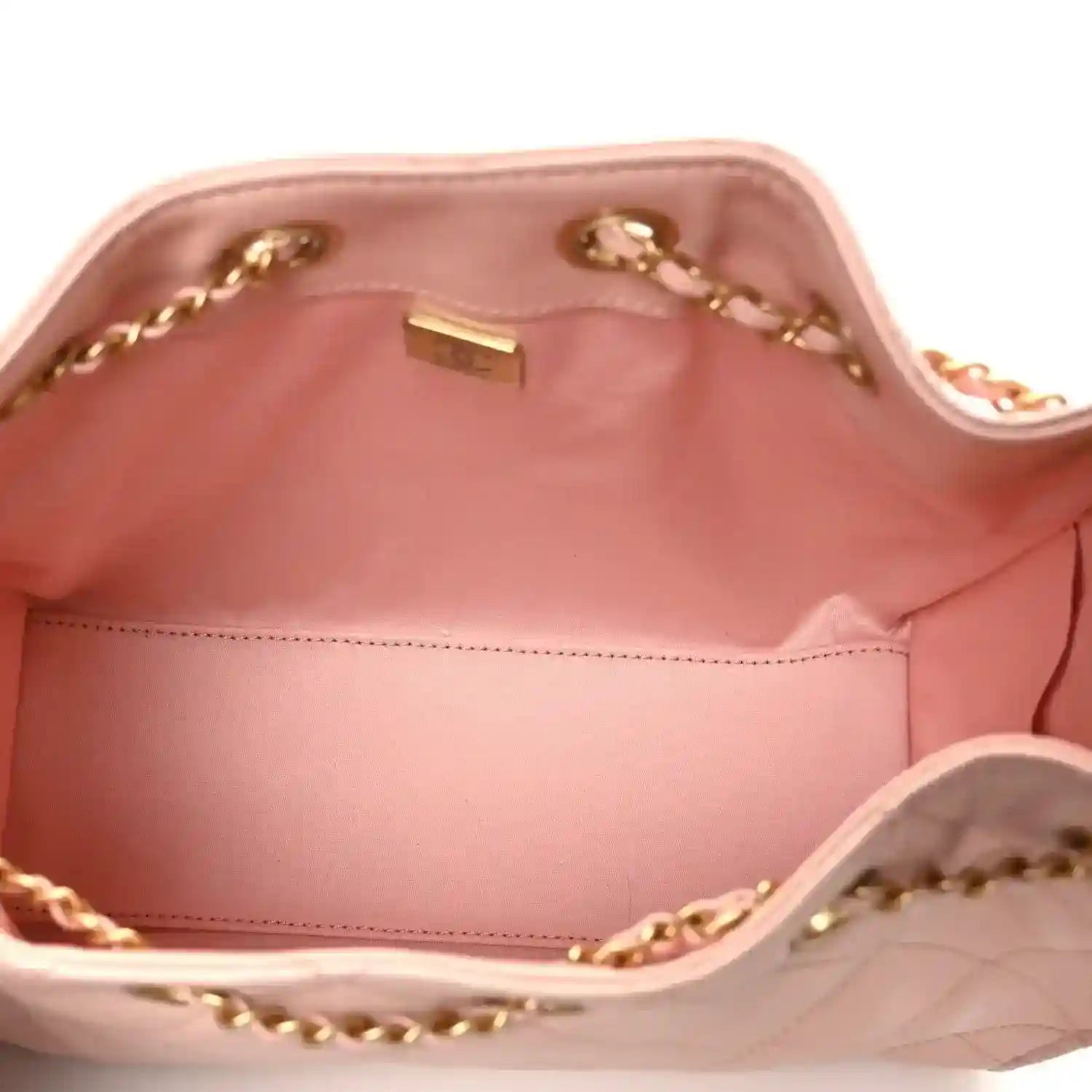 Light pink handbag interior with pink lining and gold-tone chain hardware
