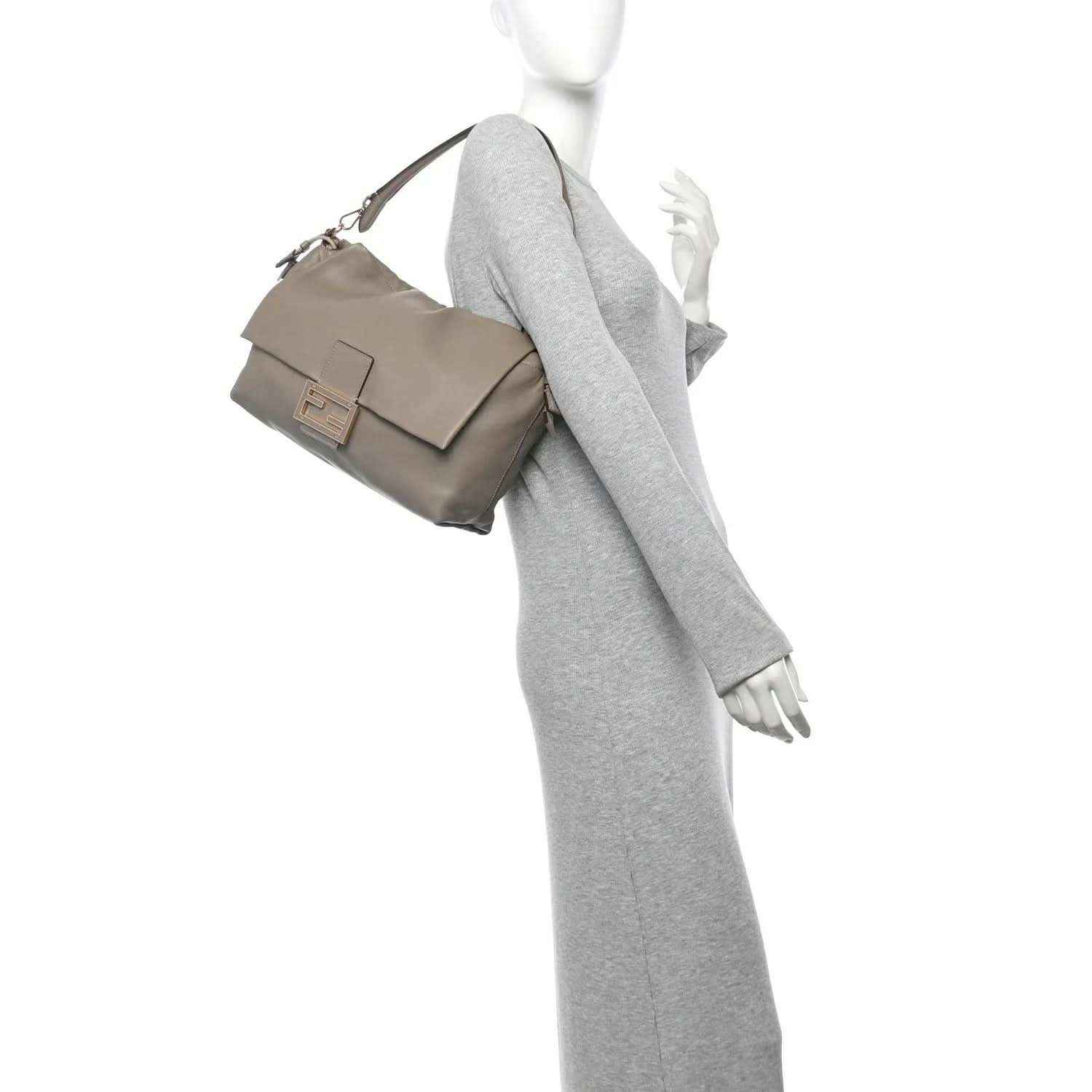 Fendi nappa leather large shoulder bag, tortora beige, with adjustable shoulder strap