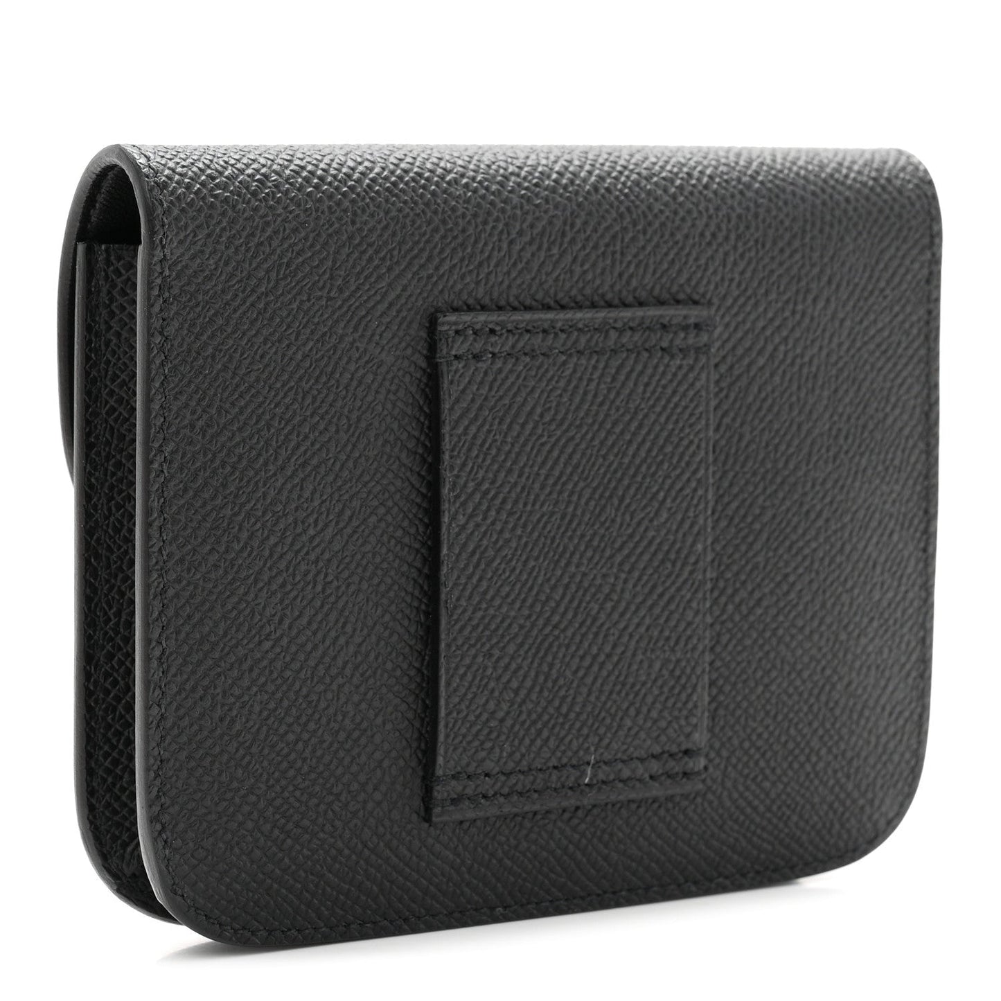 Black leather slim wallet with embossed square panel on back.