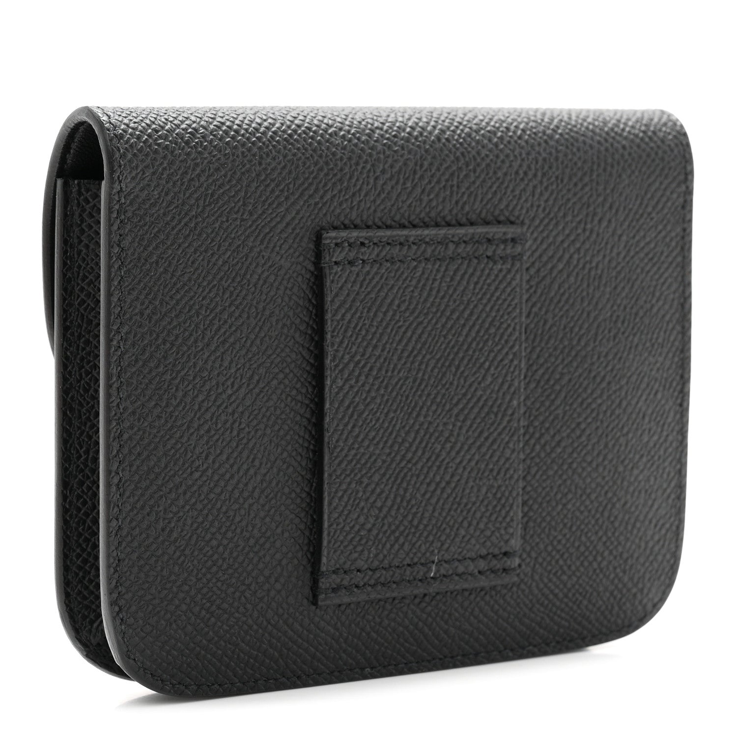 Black leather slim wallet with embossed square panel on back.