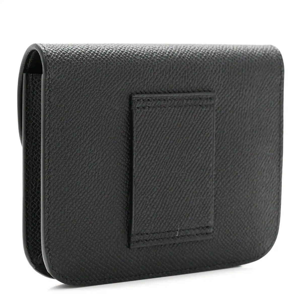 Black leather slim wallet with embossed square panel on back.