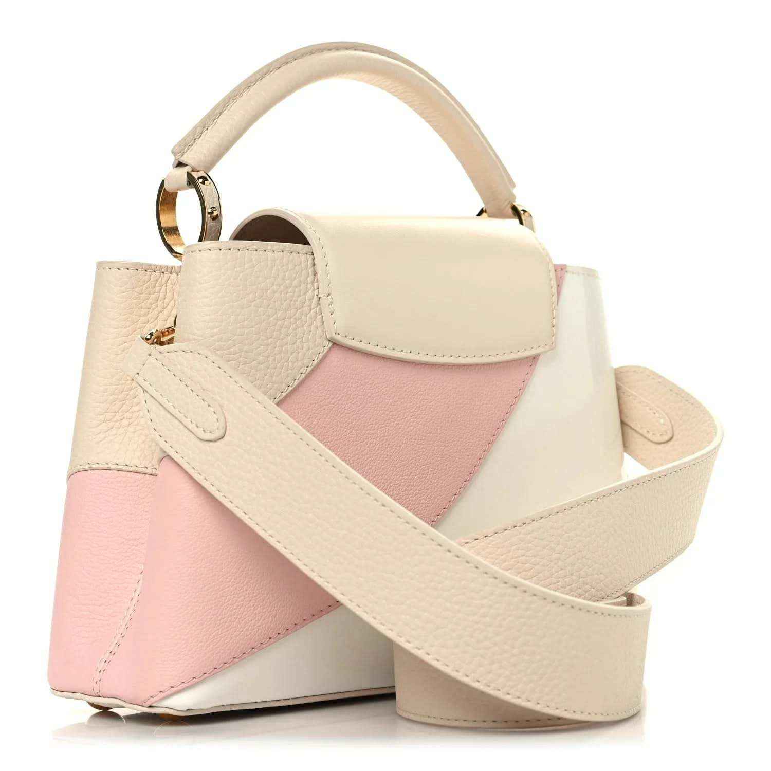 Cream and blush pink leather handbag with wide shoulder strap and front flap
