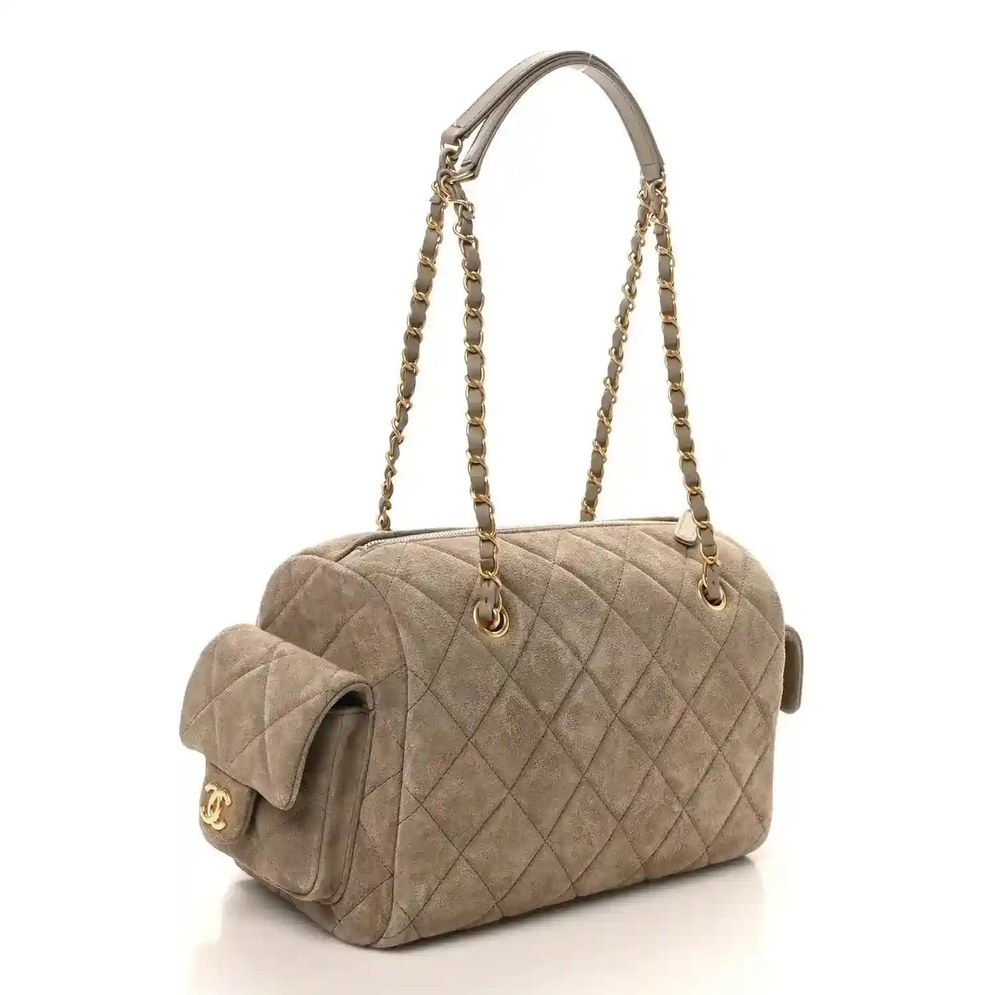 Chanel dark grey quilted suede bowling bag, front view with gold chain handles