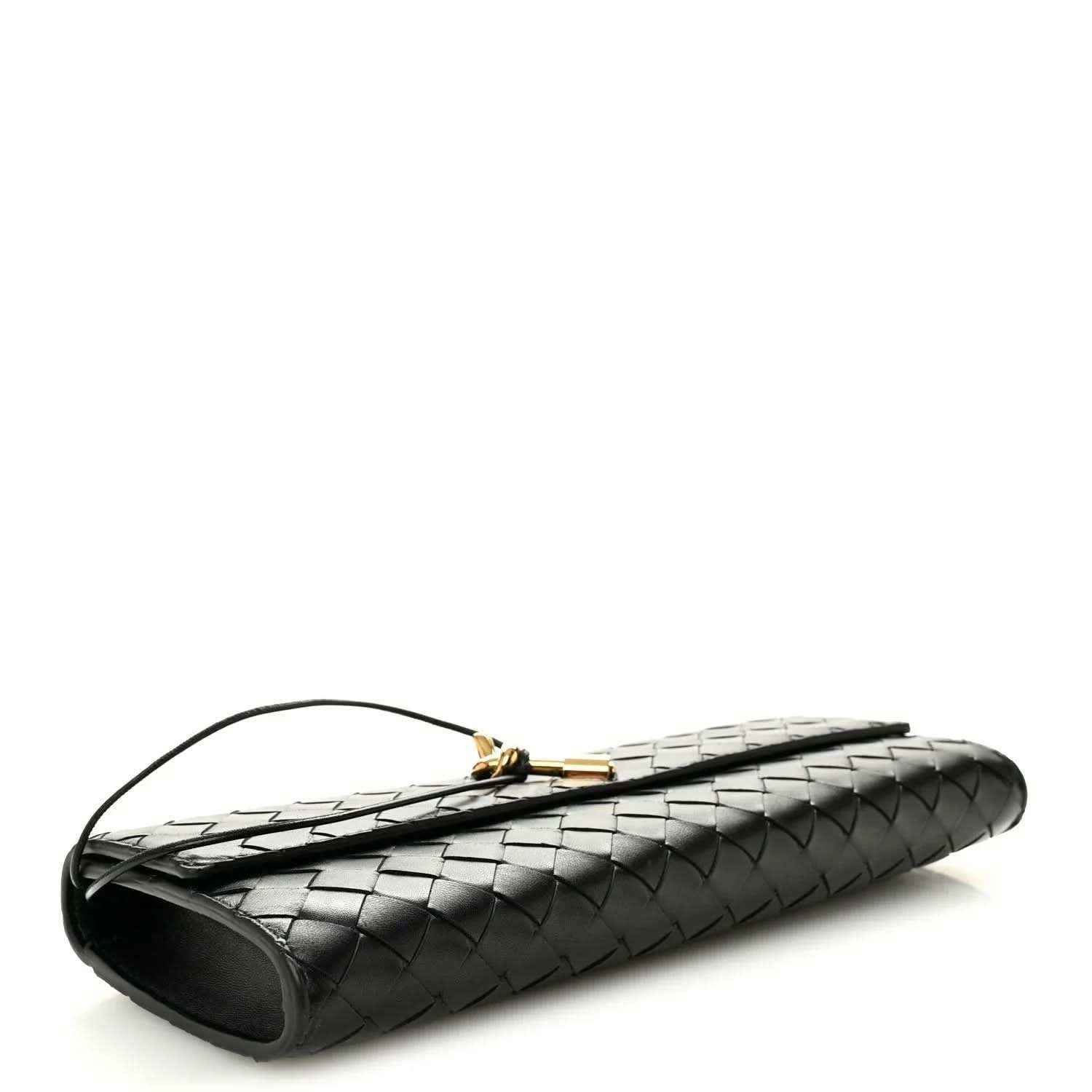 Black leather clutch with gold-tone clasp and top handle