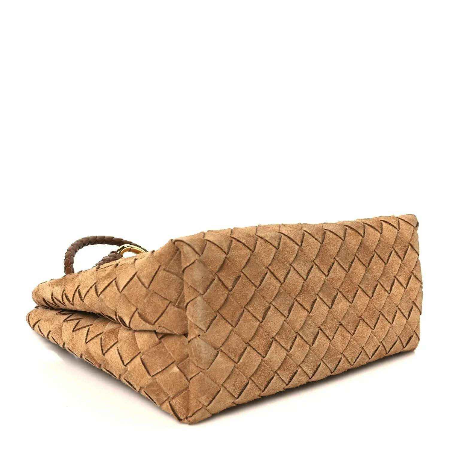 Amber suede intrecciato small shoulder bag, folded side view with braided top handle