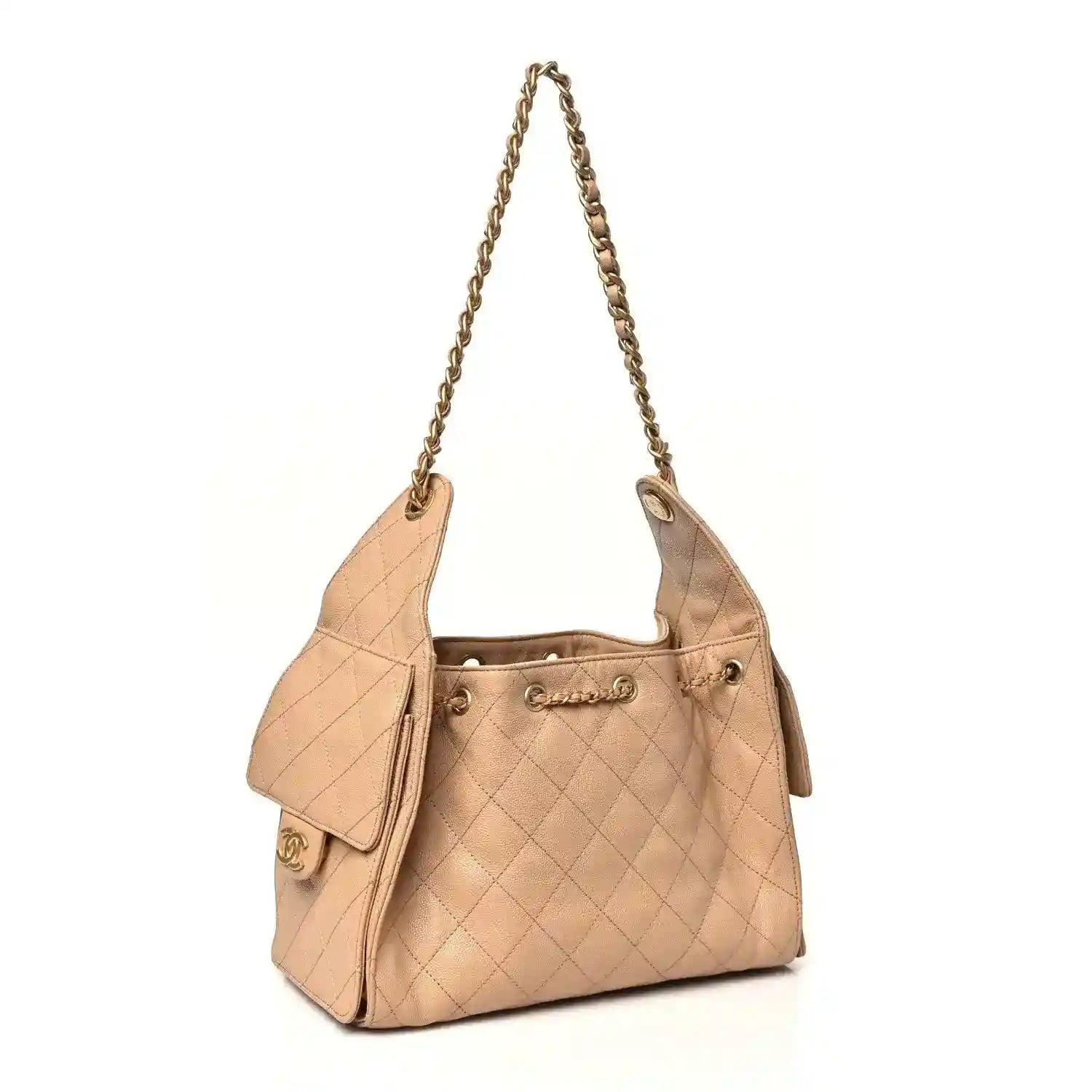 Chanel caviar quilted small 25 handbag in dark beige with front flap pocket and chain straps
