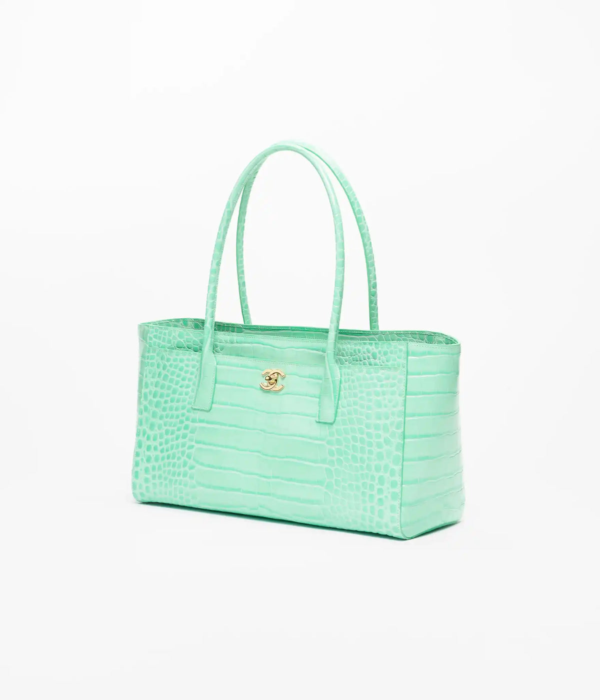 Small teal croc-embossed leather shopping tote with gold Chanel logo and two handles