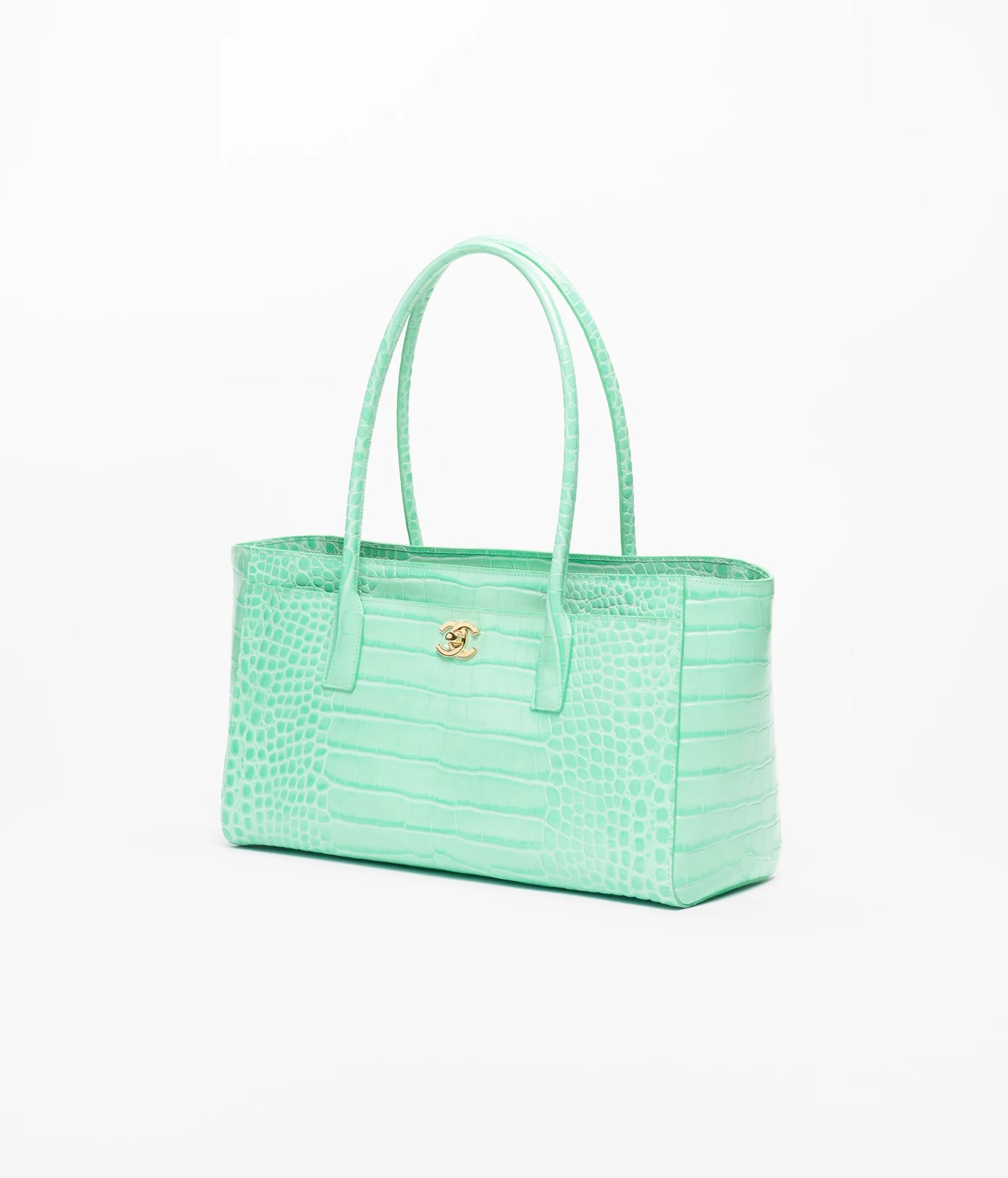 Small teal croc-embossed leather shopping tote with gold Chanel logo and two handles
