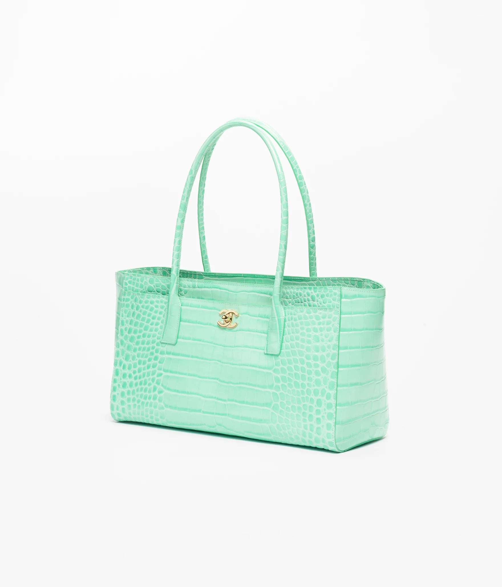Small teal croc-embossed leather shopping tote with gold Chanel logo and two handles