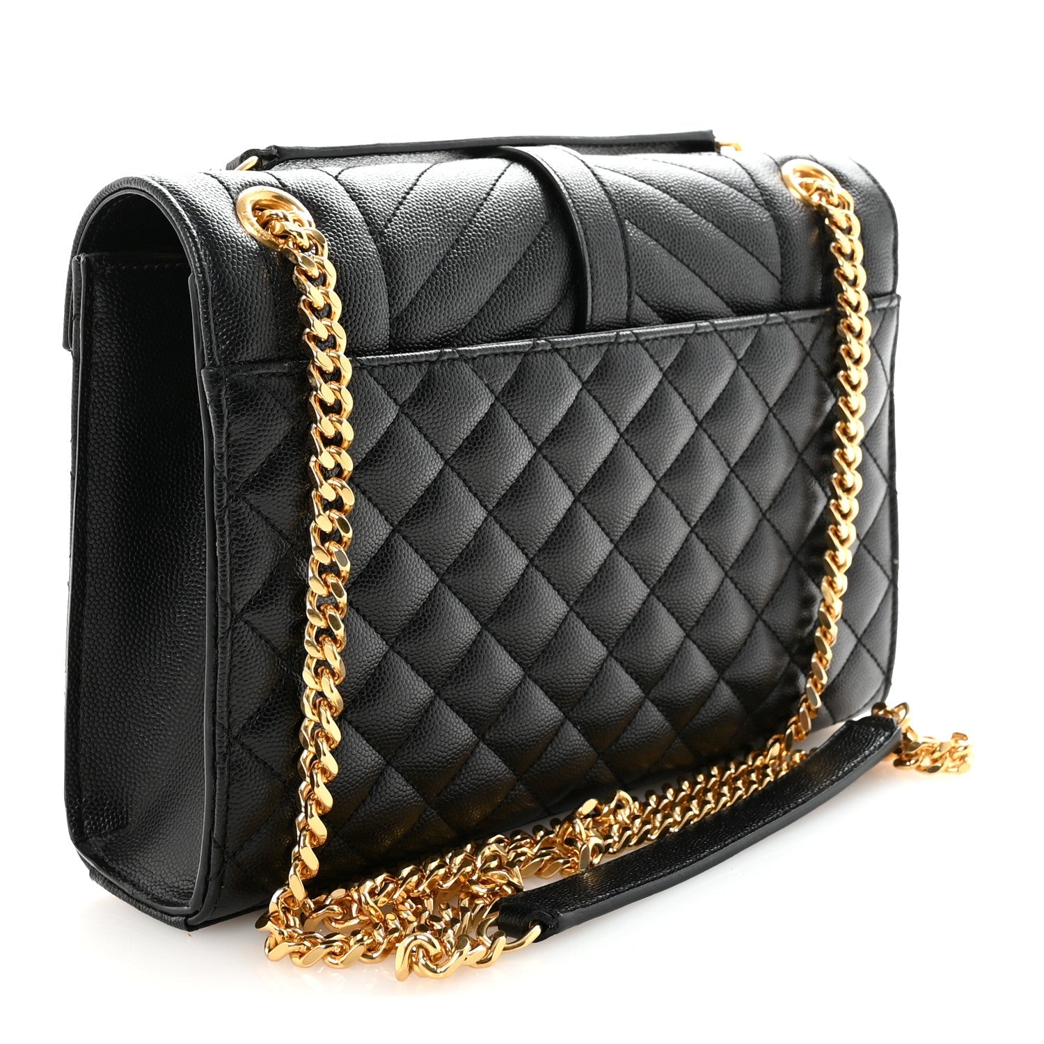 Black quilted satchel with front flap, YSL monogram, and gold chain strap with shoulder drop