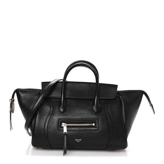 Celine black leather mini tote with top handles and front zip pocket detail