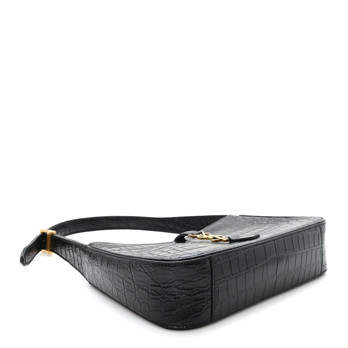 Black embossed calfskin hobo bag with flat top handle and decorative clasp detail