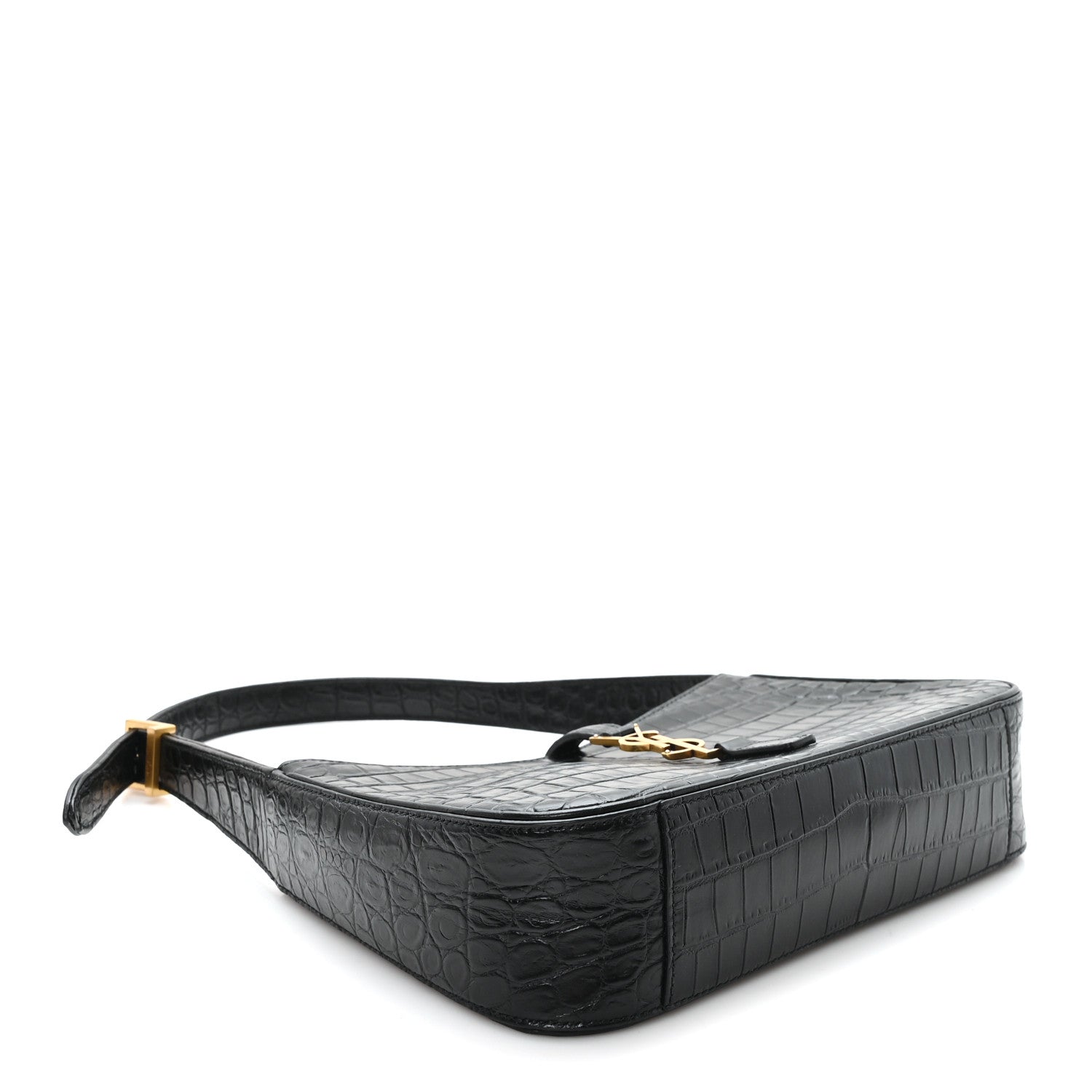 Black embossed calfskin hobo bag with flat top handle and decorative clasp detail