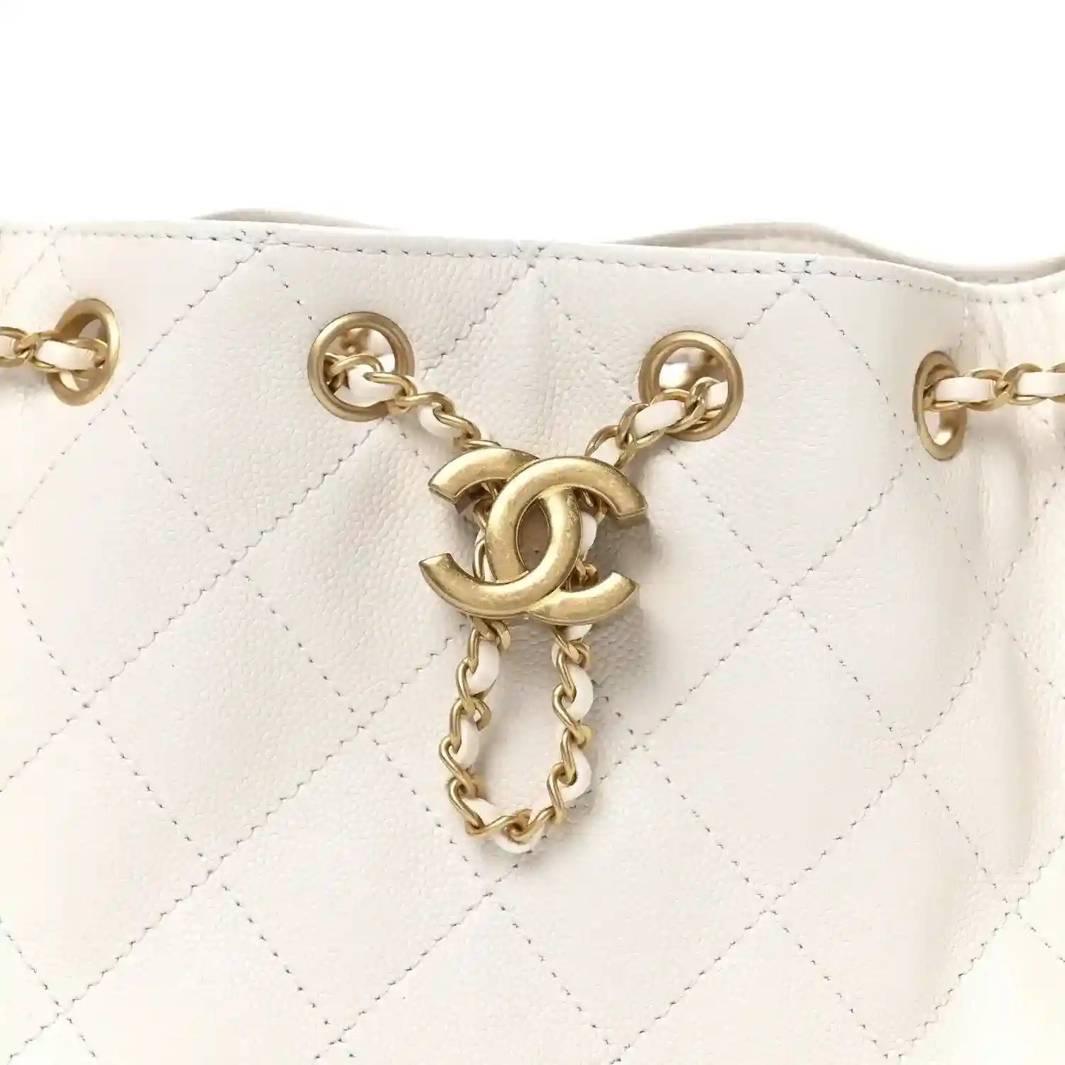 Pristine white quilted mini handbag chain strap with gold hardware and CC charm