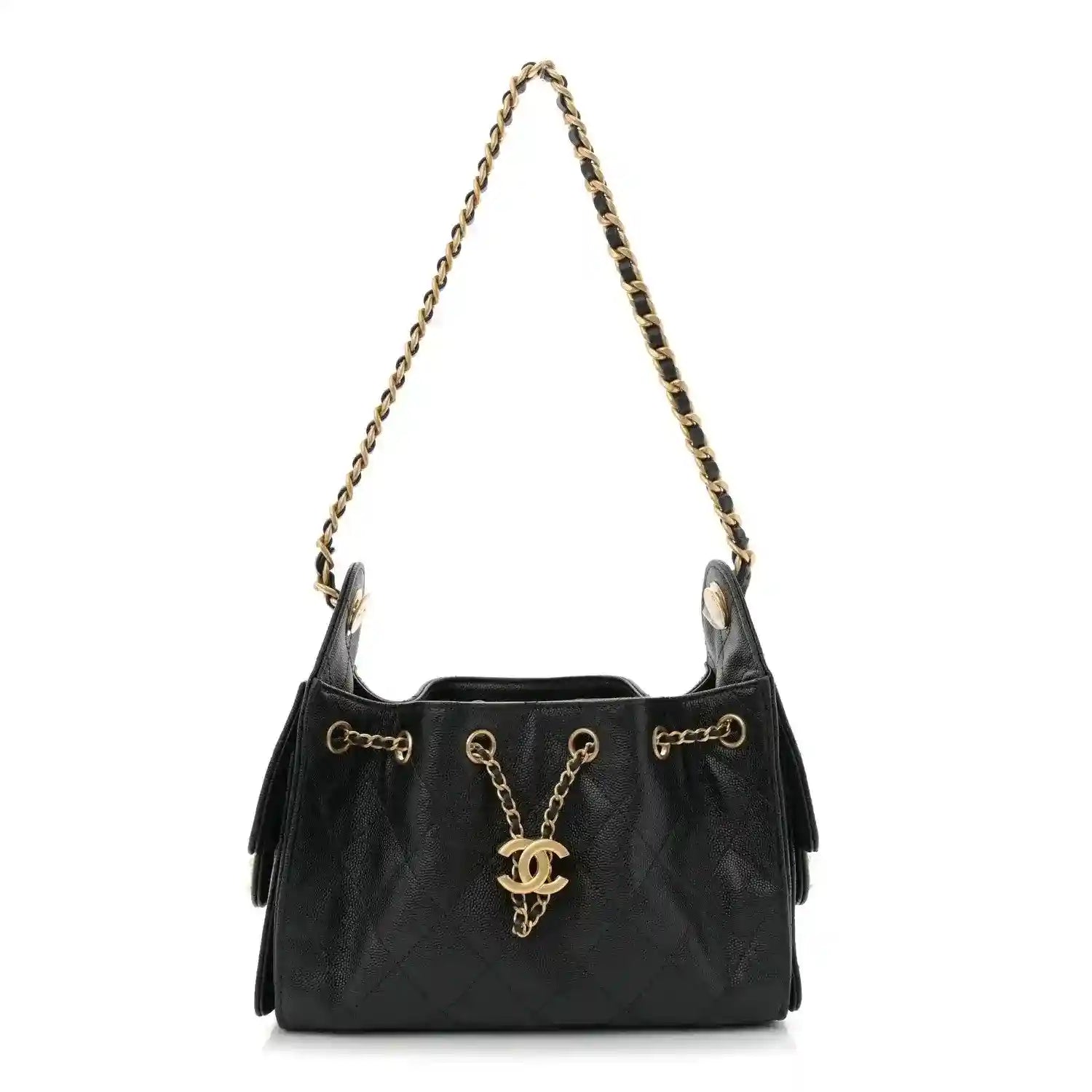Black quilted mini handbag with chain handles and CC charm, ruthenium hardware