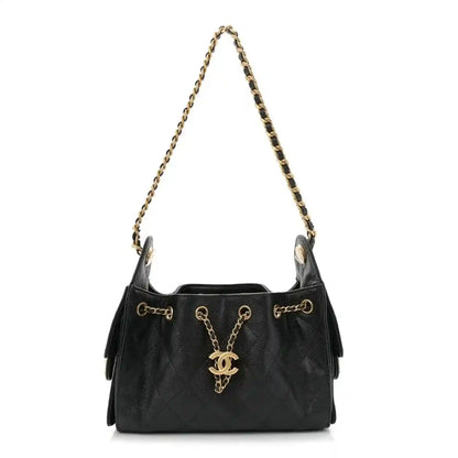 Black quilted mini handbag with chain handles and CC charm, ruthenium hardware