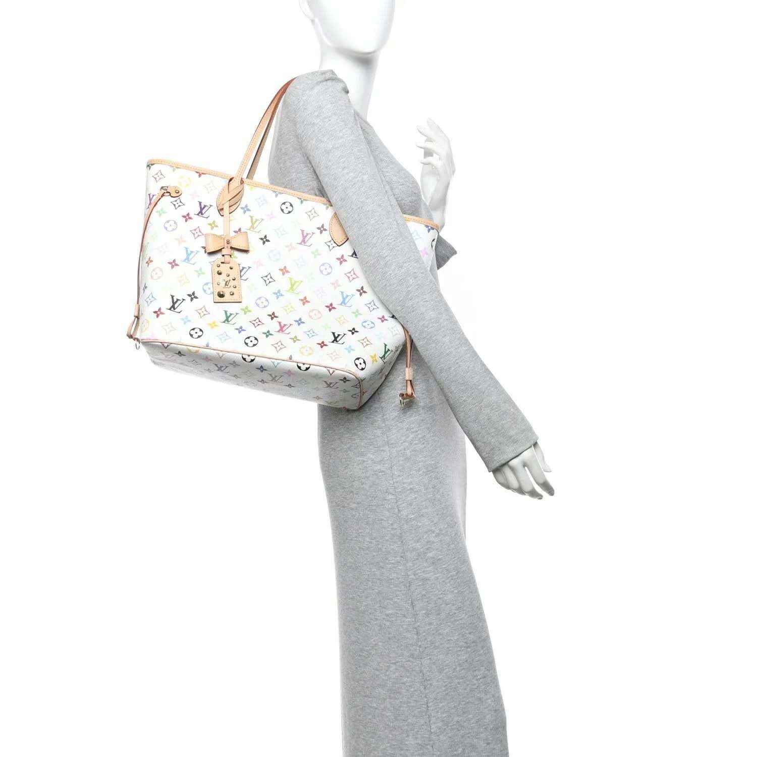 White multicolor monogram Neverfull MM tote with detachable shoulder strap