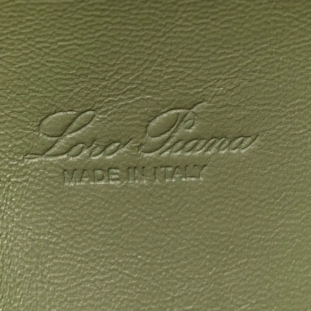 Embossed Loro Piana logo on sage green grained calfskin lining