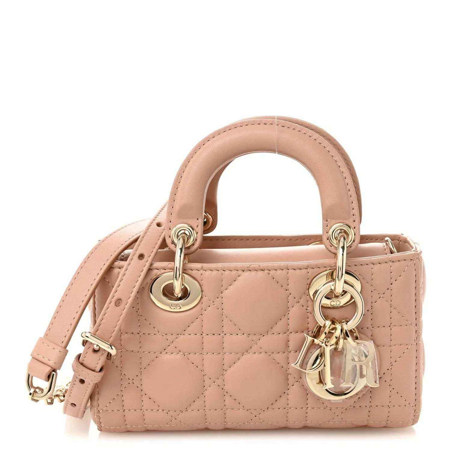 Christian Dior micro handbag in pink beige with quilted cannage texture and top handles