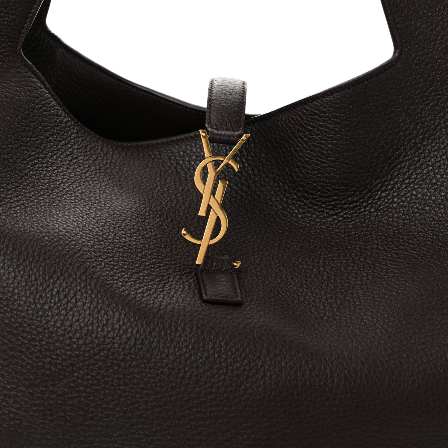 YSL logo charm on grained deerskin Bea tote neckline, dark leather