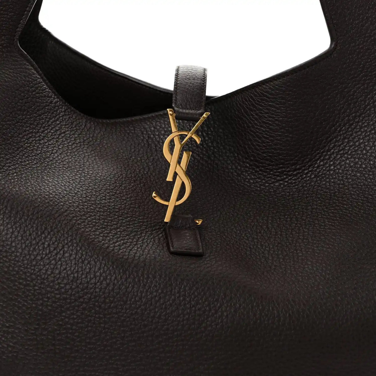 YSL logo charm on grained deerskin Bea tote neckline, dark leather