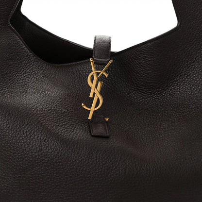 YSL logo charm on grained deerskin Bea tote neckline, dark leather