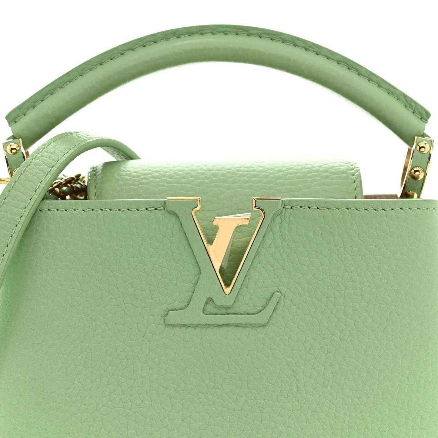 Louis Vuitton mini Capucines leather handbag, vert pomme green, LV emblem on front