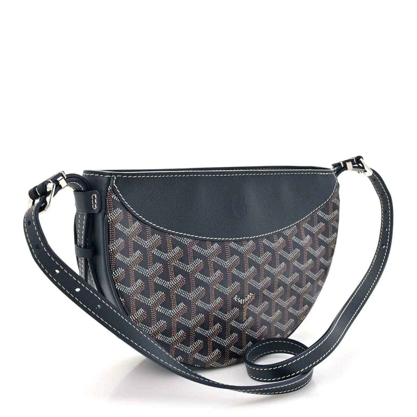 Navy canvas half-moon shoulder bag with Goyard pattern, top zipper, and crossbody strap