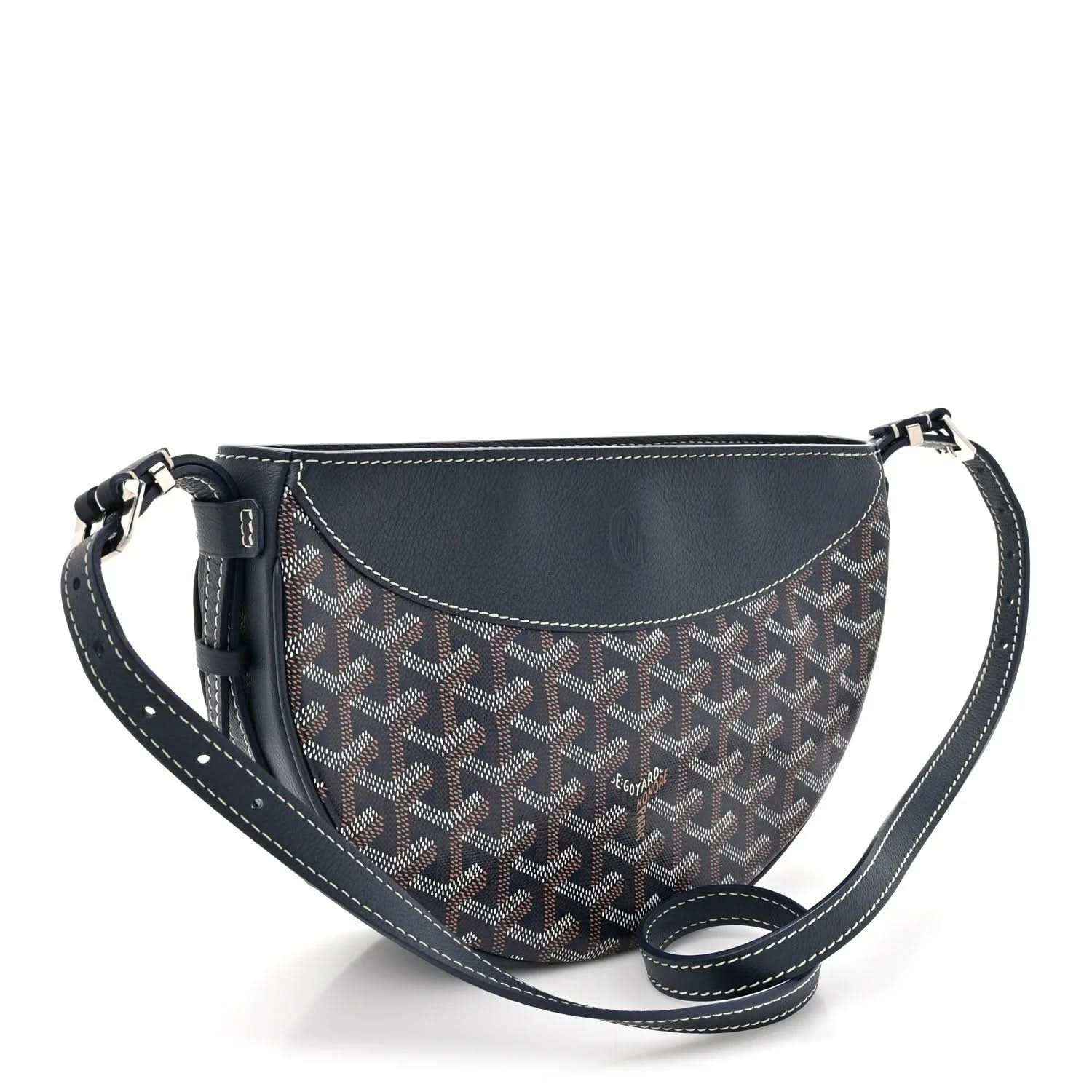 Navy canvas half-moon shoulder bag with Goyard pattern, top zipper, and crossbody strap