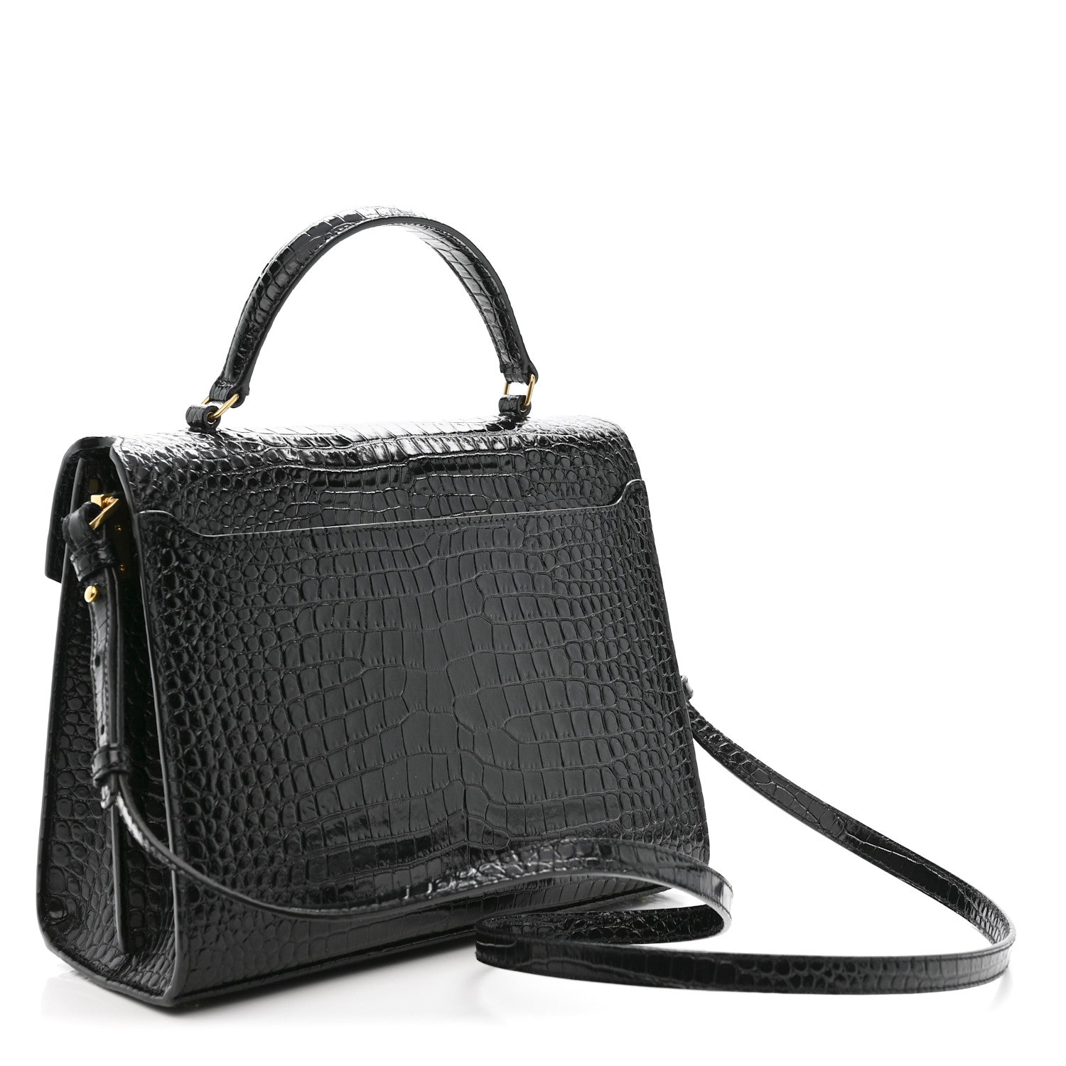 Black crocodile-embossed medium top handle bag with long crossbody strap