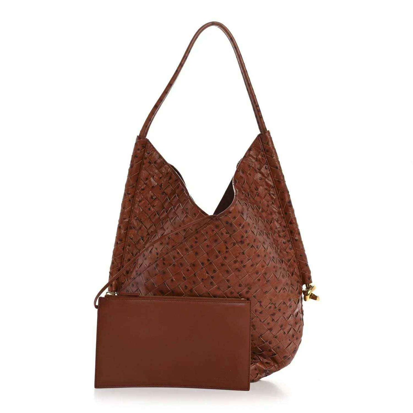 Brown hobo bag with attached front leather pouch and intrecciato woven texture.