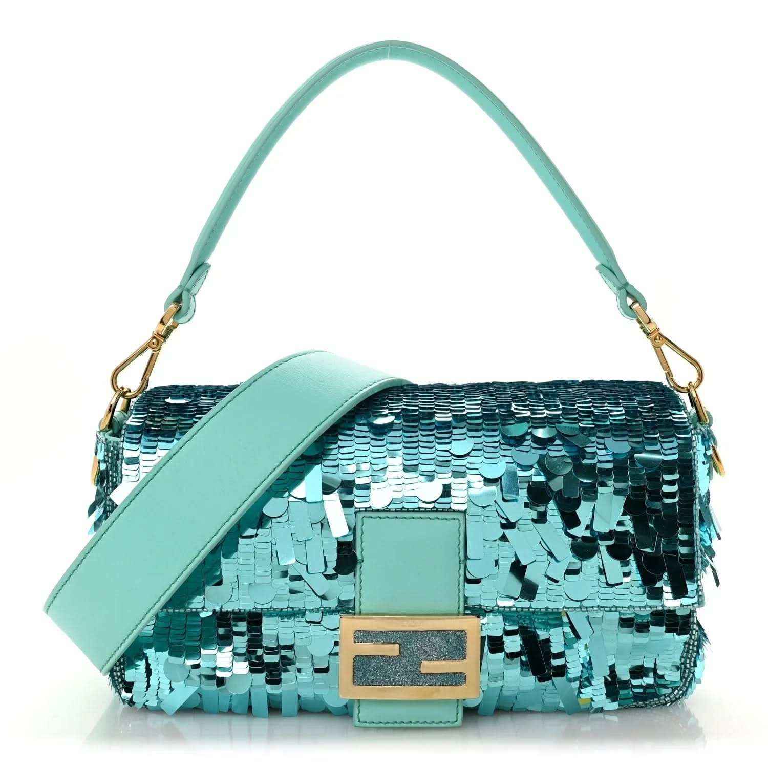 Turquoise sequin baguette bag with gold-tone chain straps and front logo plaque