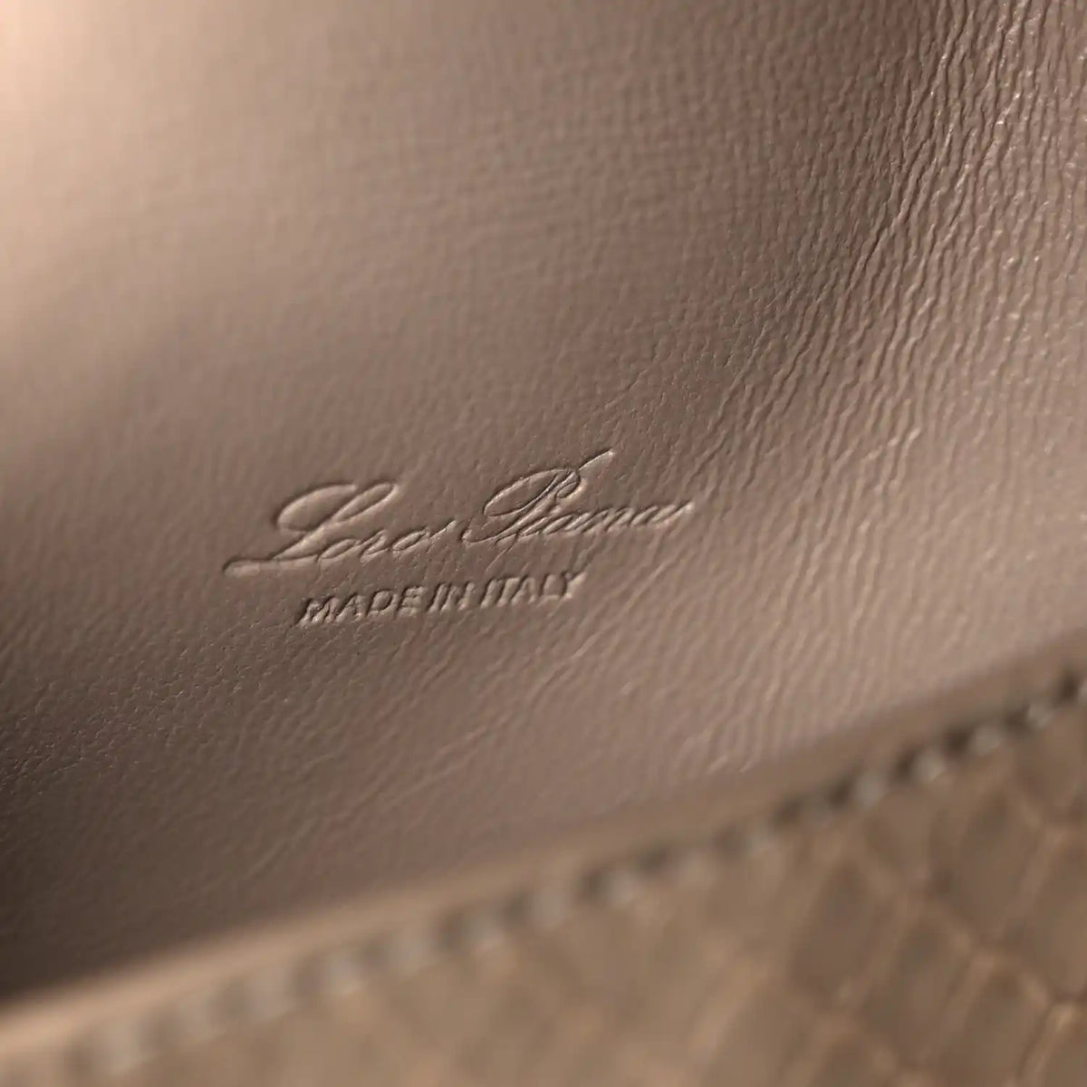 Matte snakeskin handbag close-up of embossed Loro Piana logo on front panel