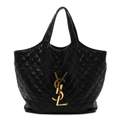 Black quilted leather shopping tote with YSL logo hardware and top handles
