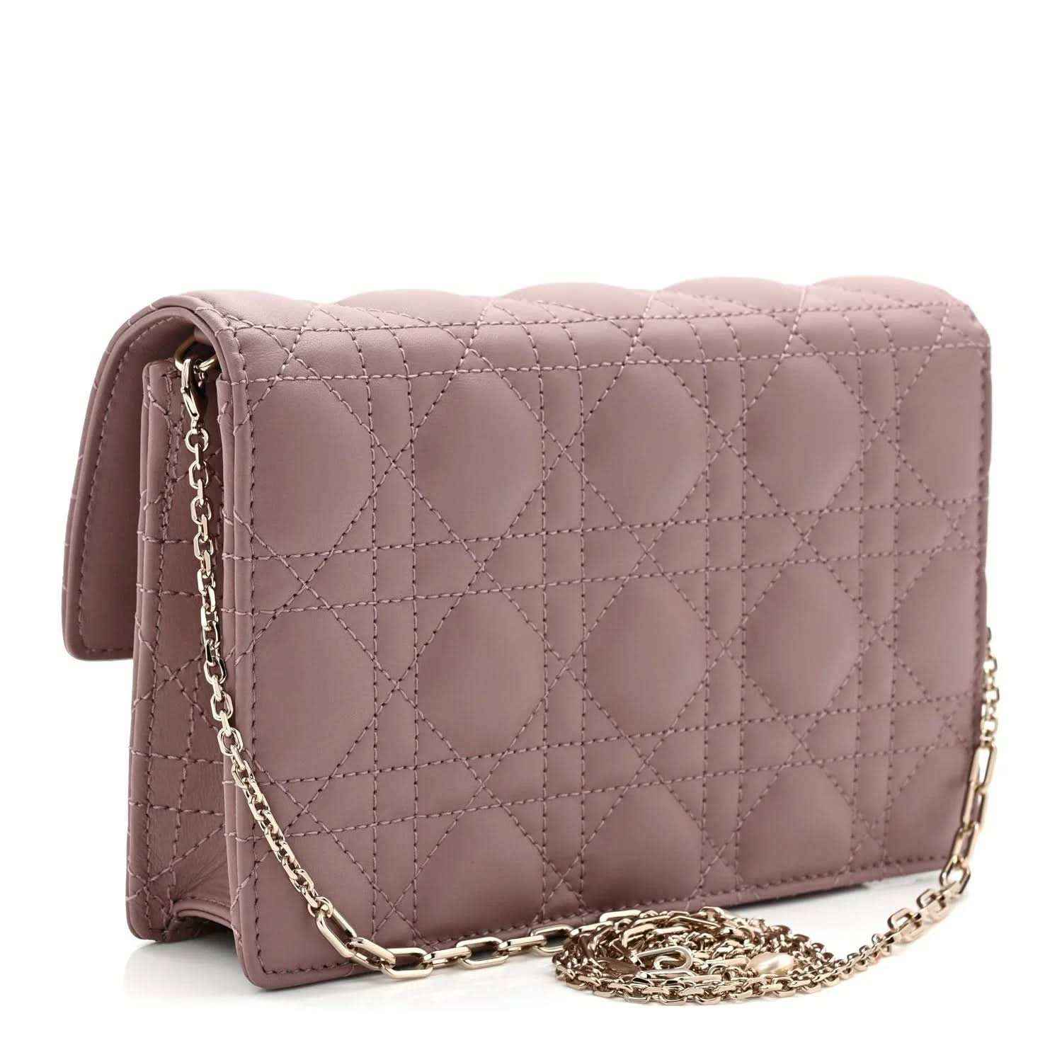 Purple quilted leather chain pouch bag, side view with long strap and gold-tone chain